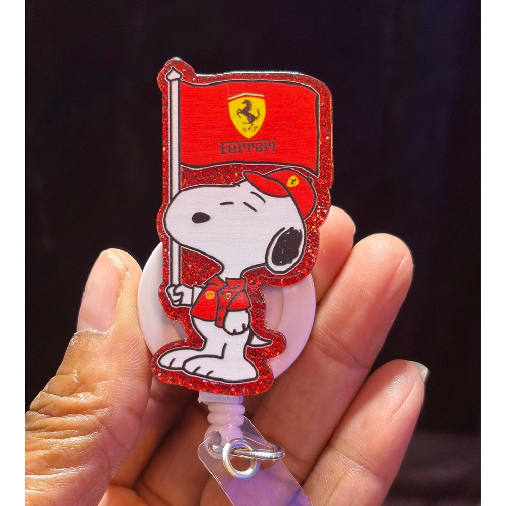 Snoopy Ferrari F1 Racing Retractable Badge Reel ID Holder Glitter Red Scuderia